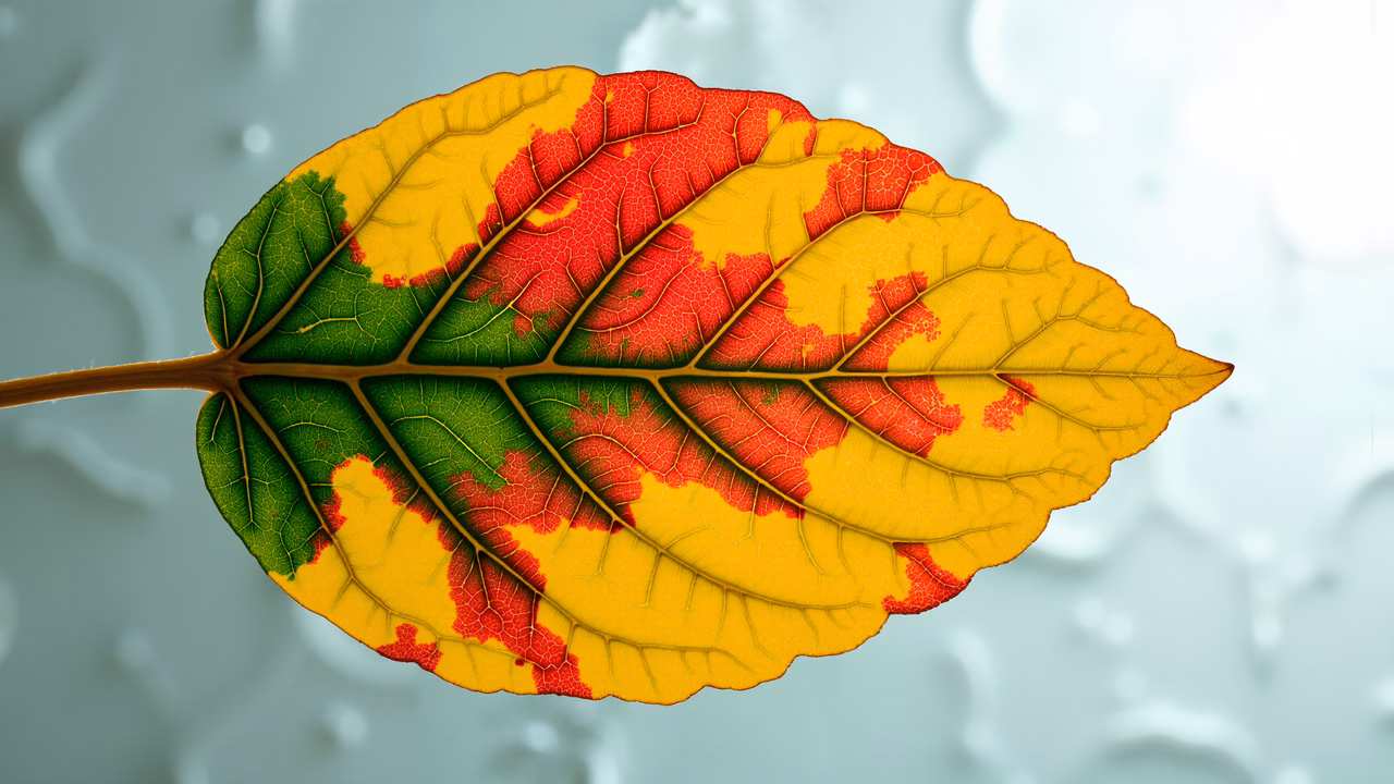 Vibrant autumn leaf illustration with rich colors and detailed veins.