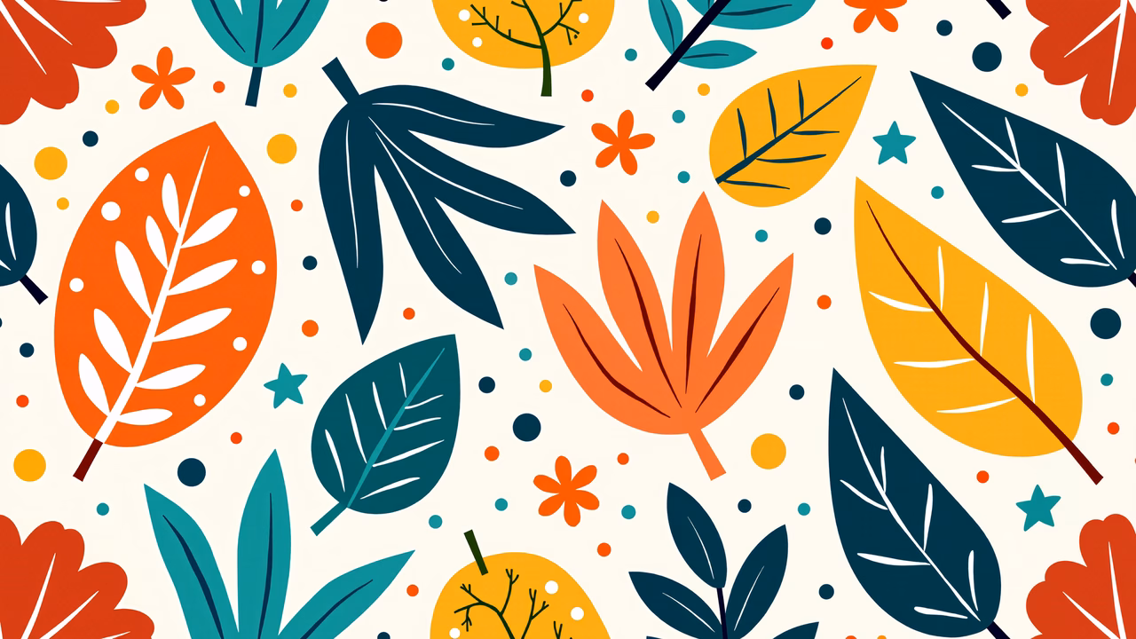 Brightly colored autumn leaves in a whimsical illustration style.