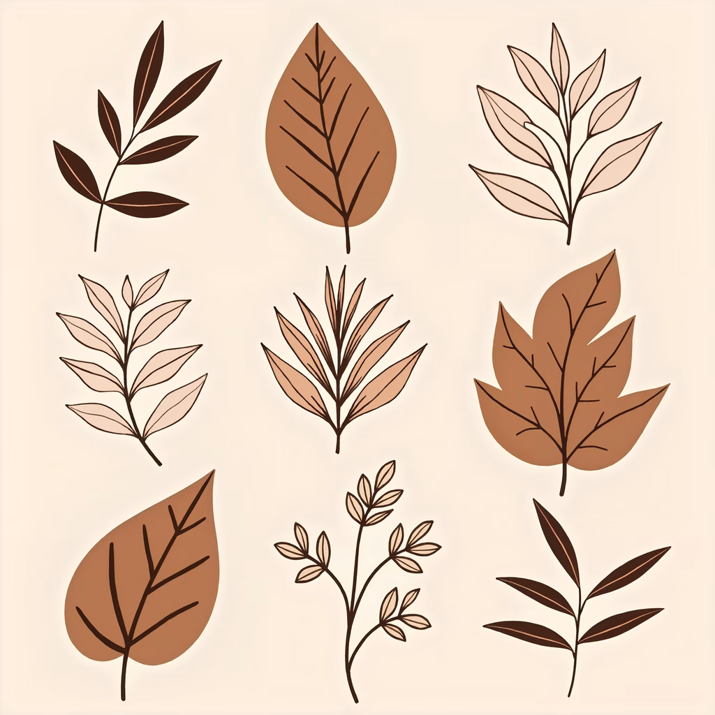 Minimalist autumn leaves illustration in earthy tones.