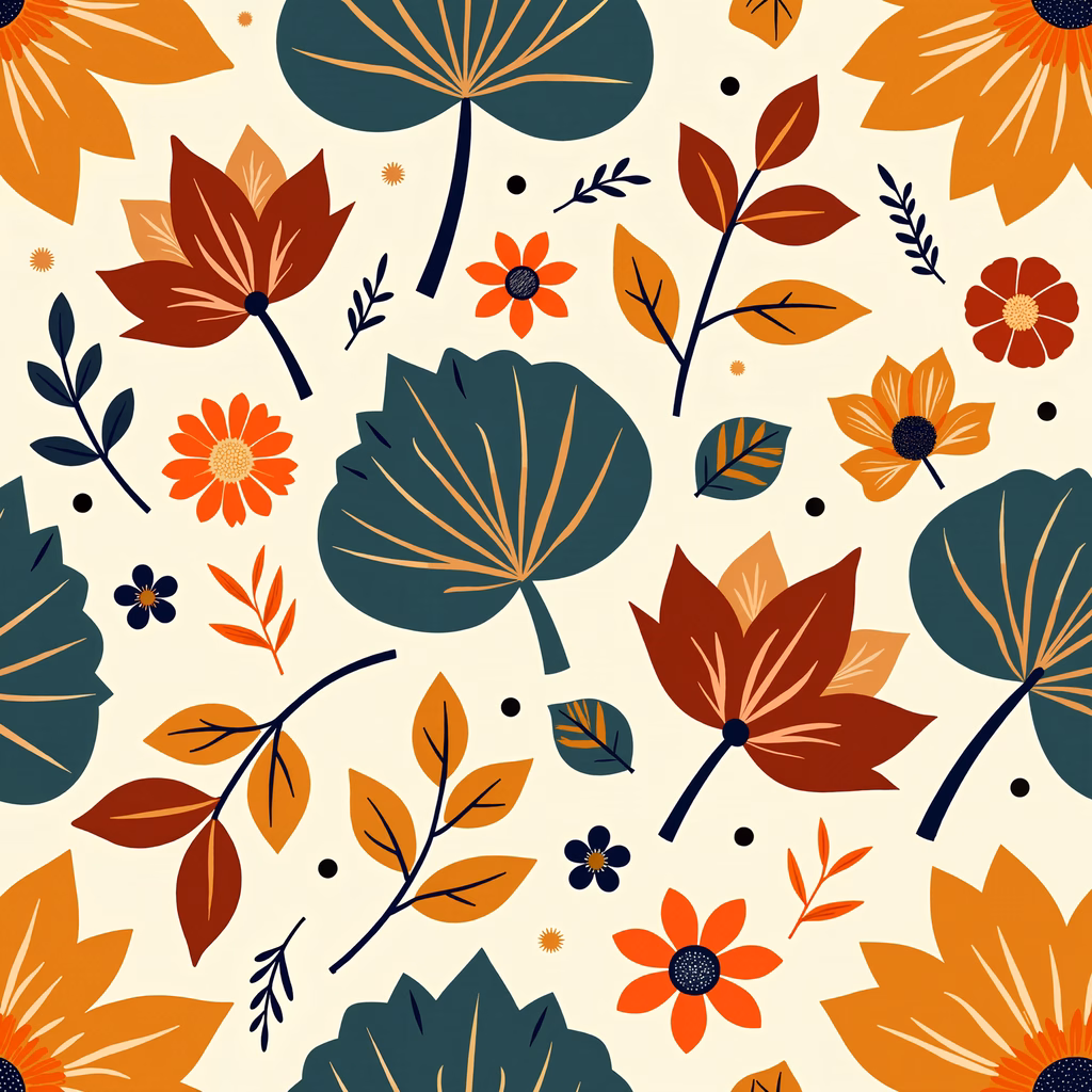 Vibrant autumn leaves illustration featuring warm colors and stylized designs.