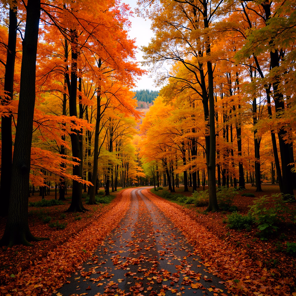 A tranquil autumn pathway surrounded by colorful foliage.