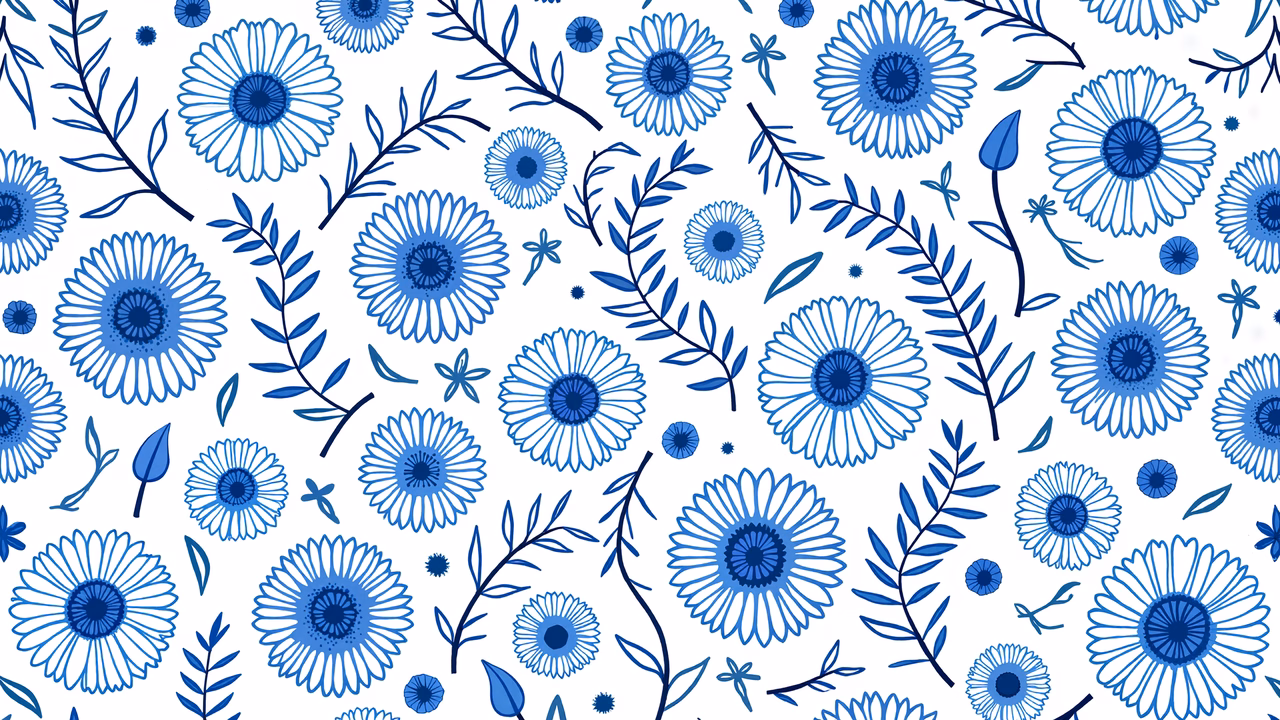 A cheerful blue floral pattern on a white background.