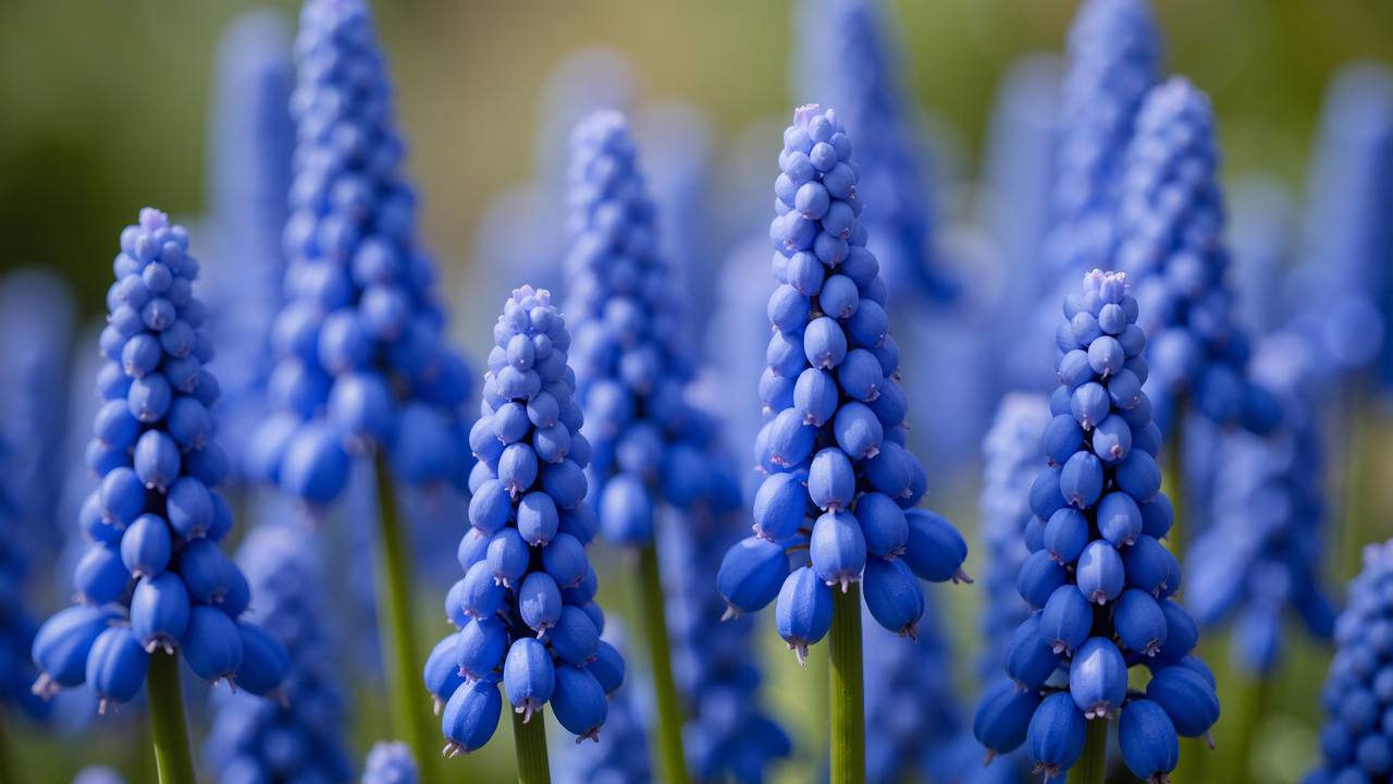 Vibrant blue grape hyacinths in full bloom, capturing nature's delicate beauty.