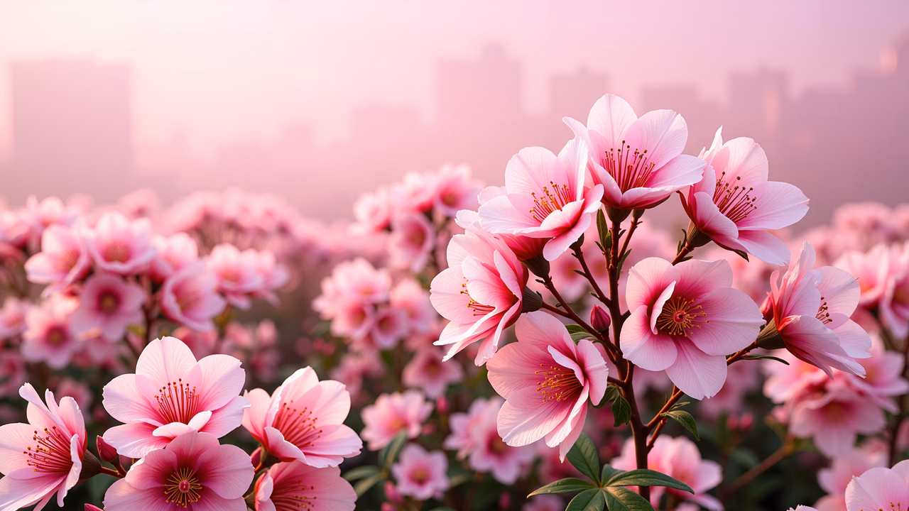 Soft pink cherry blossoms in a serene urban setting.