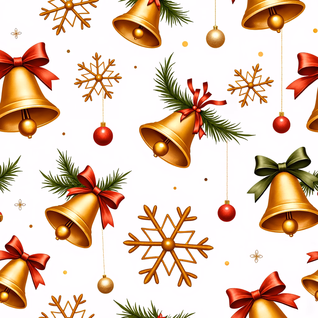 Golden bells and pine branches in a festive Christmas illustration.