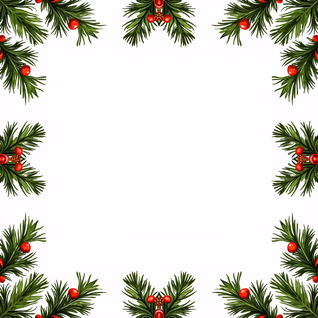 A festive Christmas border illustration with pine branches and red berries.