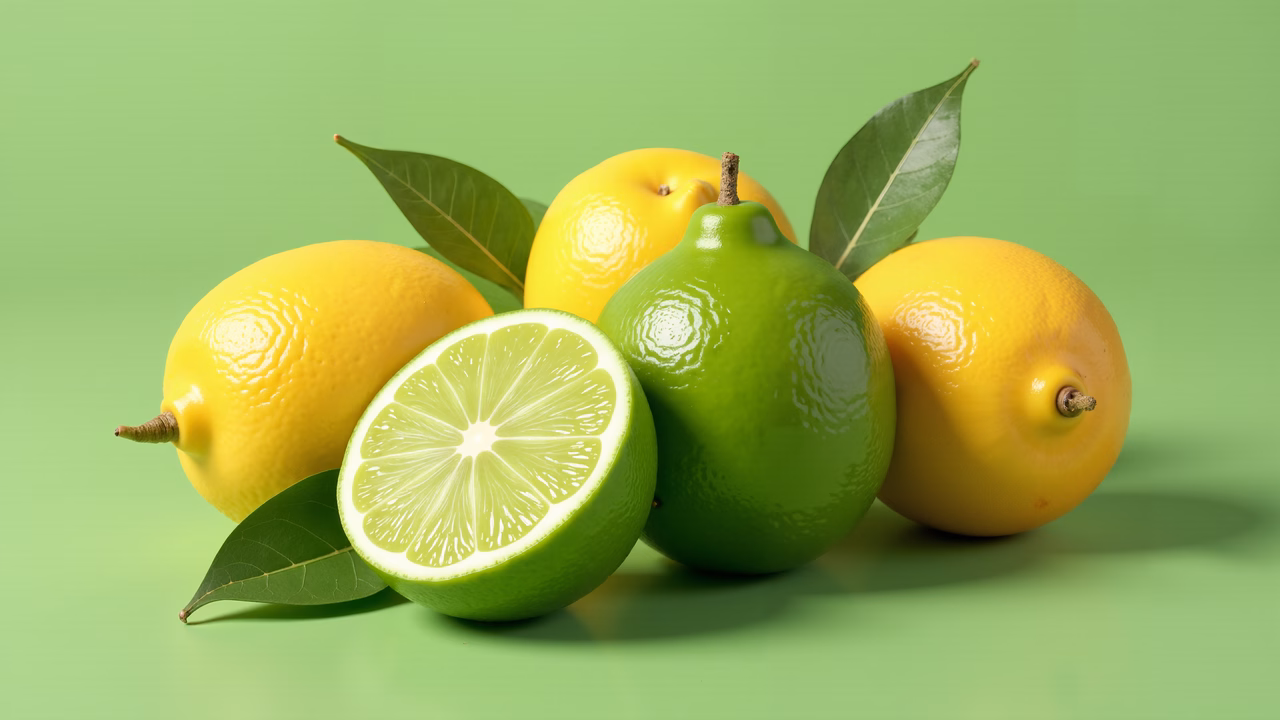 Bright citrus fruits on a green backdrop