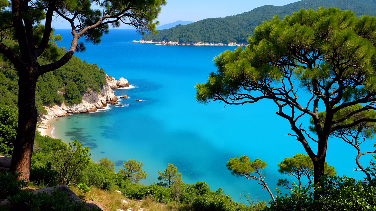 A tranquil coastal scene with lush greenery and vibrant turquoise waters.