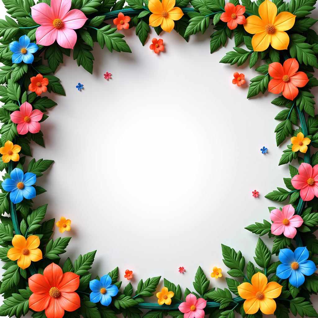 Bright floral border illustration with vibrant colors and detailed leaves.