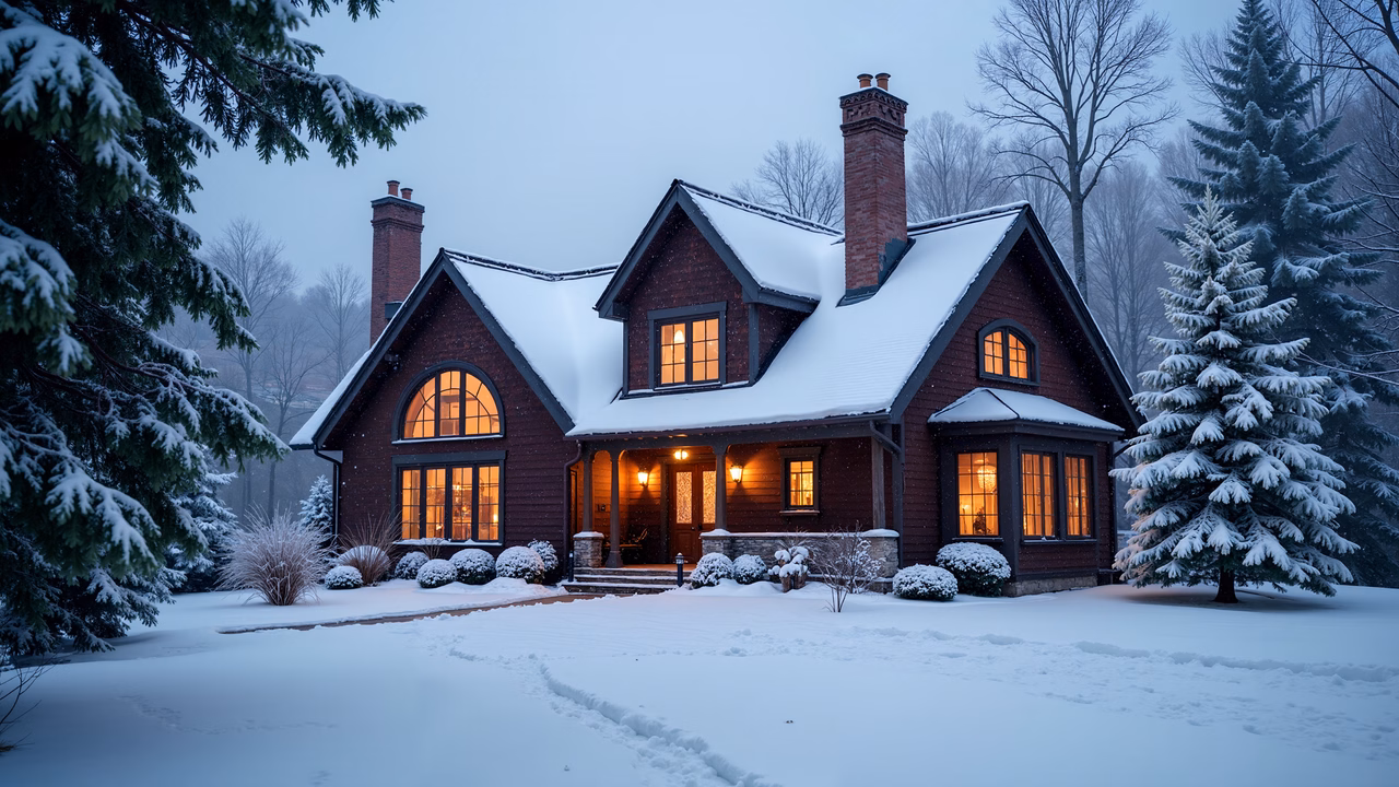 Warm glow from a cozy red-brick cottage in a snowy winter setting.
