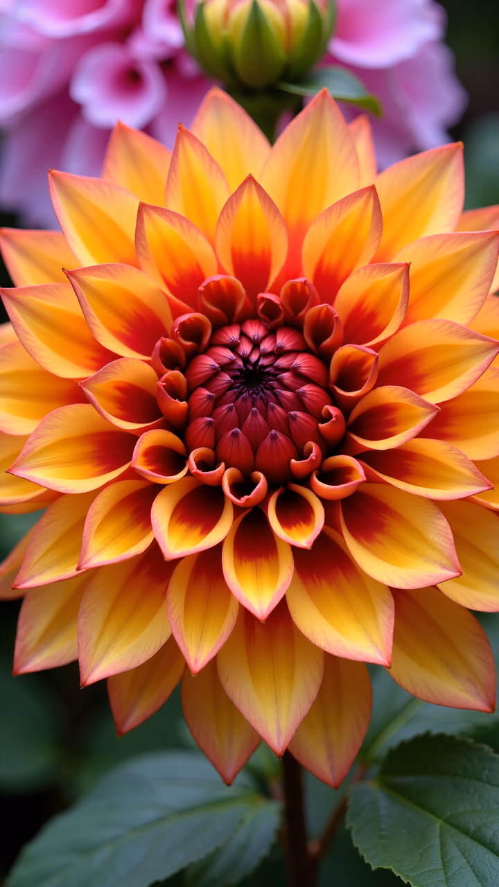 Close-up of a dahlia flower with vibrant yellow and red hues against a soft pink background.