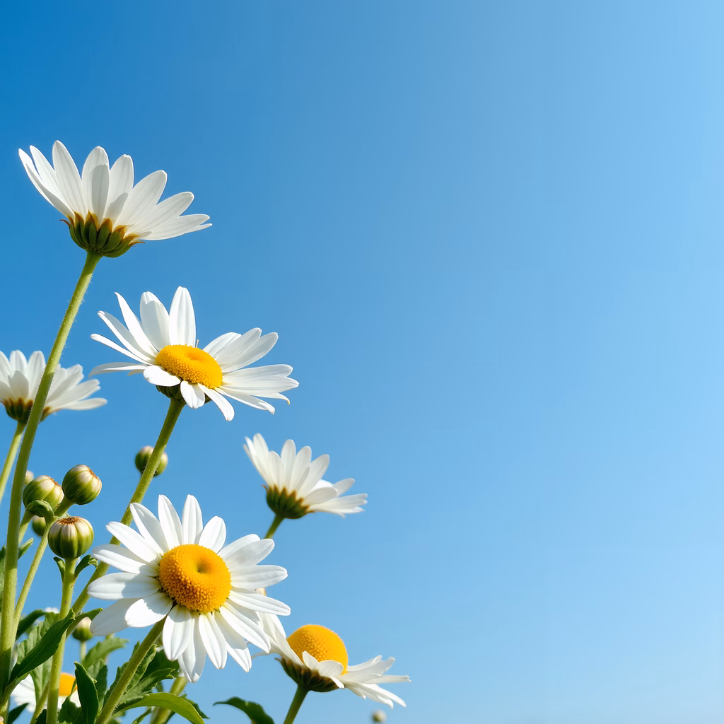 Bright daisies against a serene blue sky, capturing nature's simplicity and beauty.