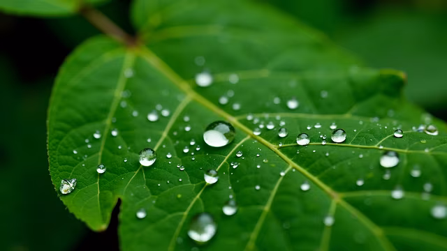 Dew Drops on Green Leaf