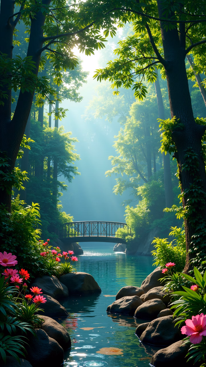 A peaceful forest scene with a sunlit bridge and vibrant flowers.