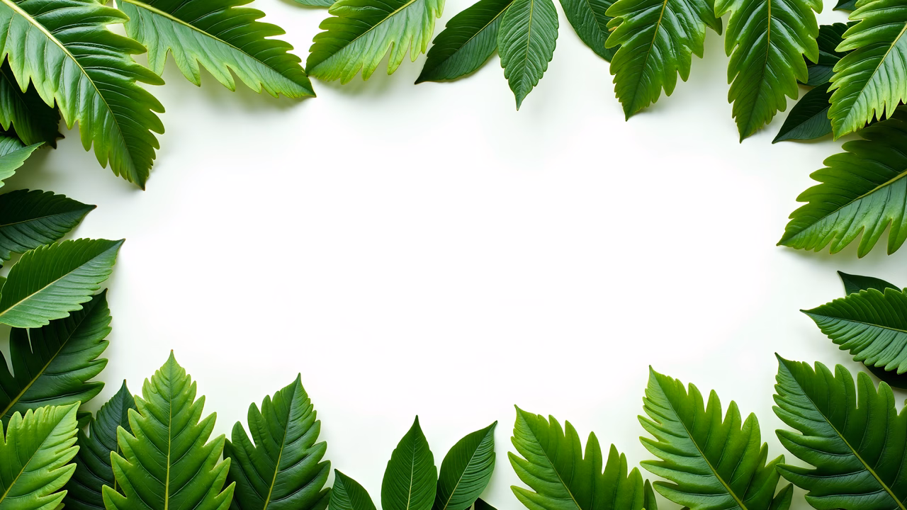 Vibrant green fern leaves frame a clean white background, creating a natural and serene illustration.