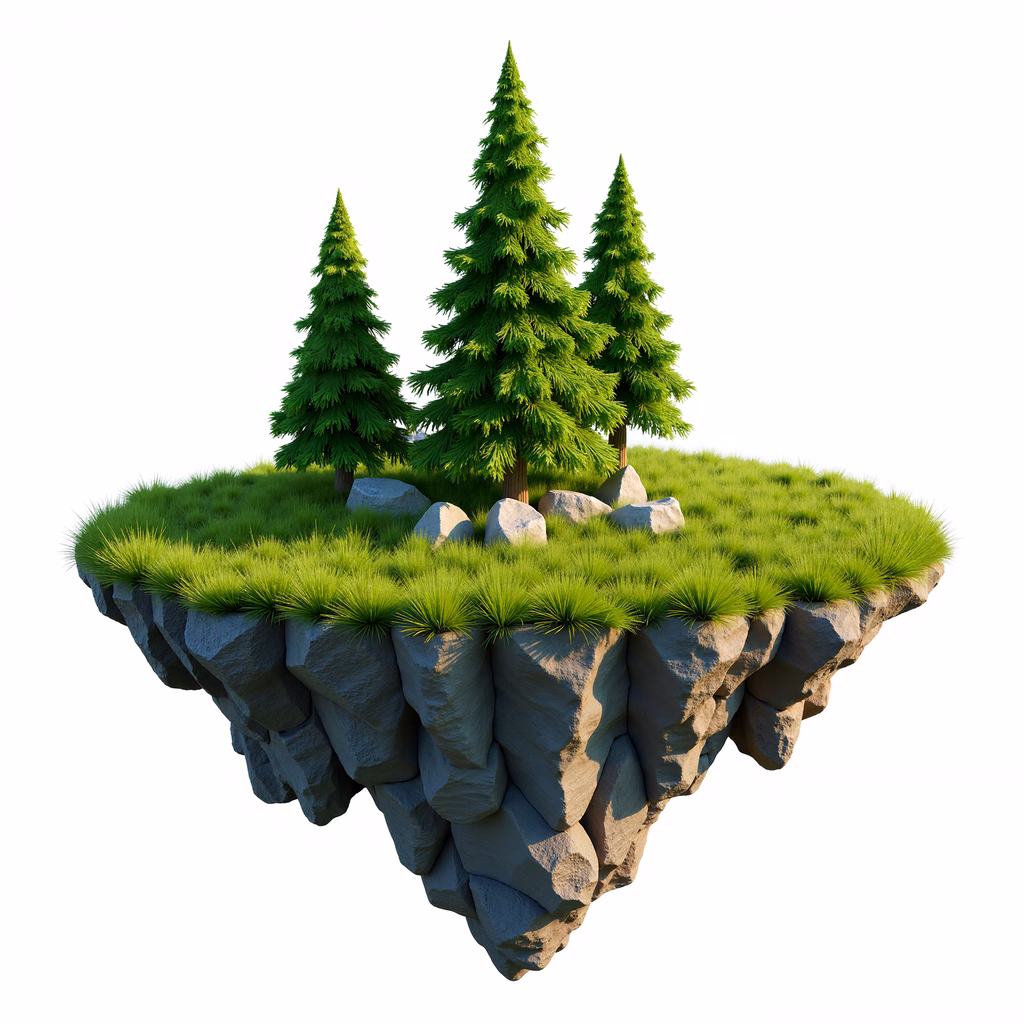 A peaceful floating island with pine trees and green grass.
