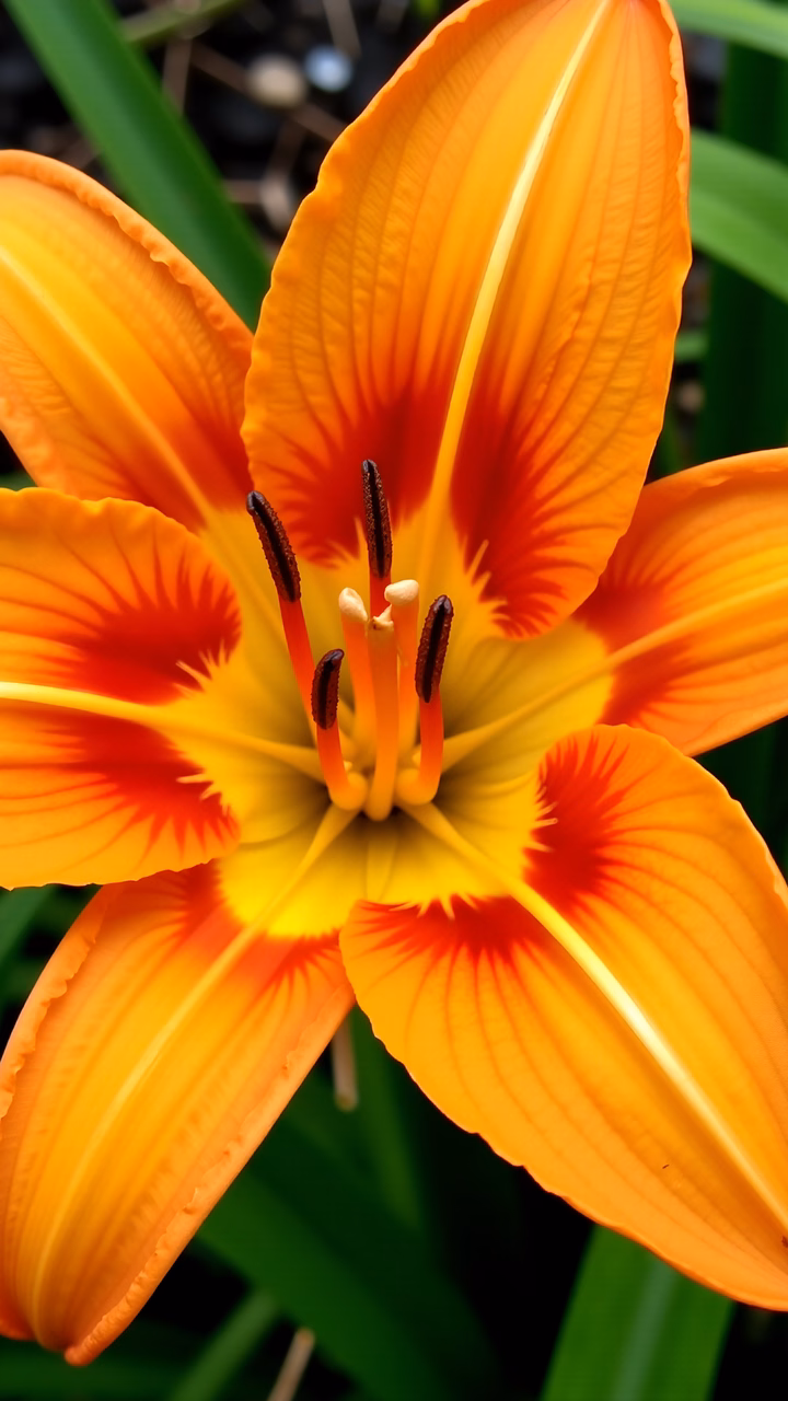 Close-up of a colorful lily flower with vibrant orange and yellow tones, set against green foliage.