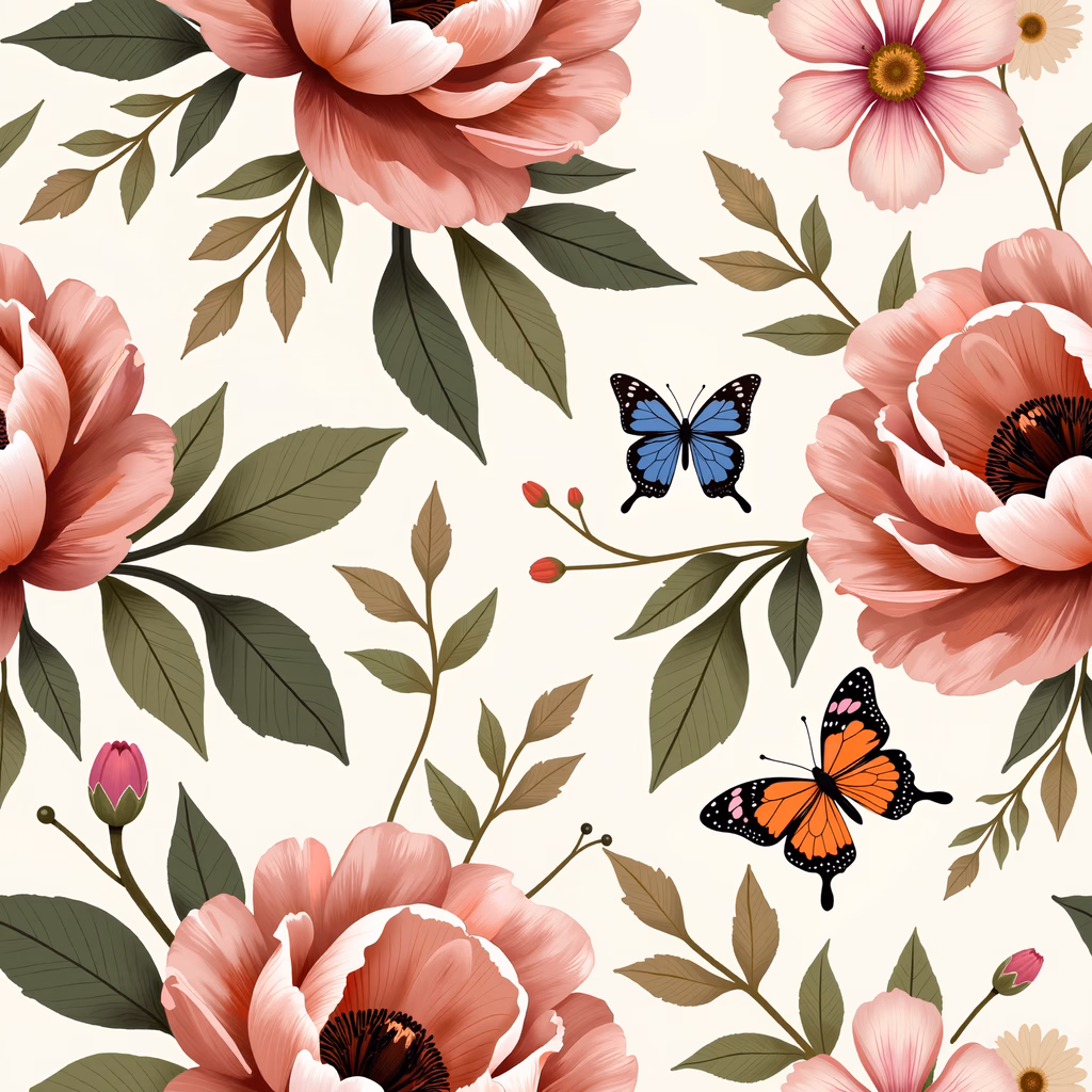 Vibrant floral illustration with pink roses and butterflies on a beige background.