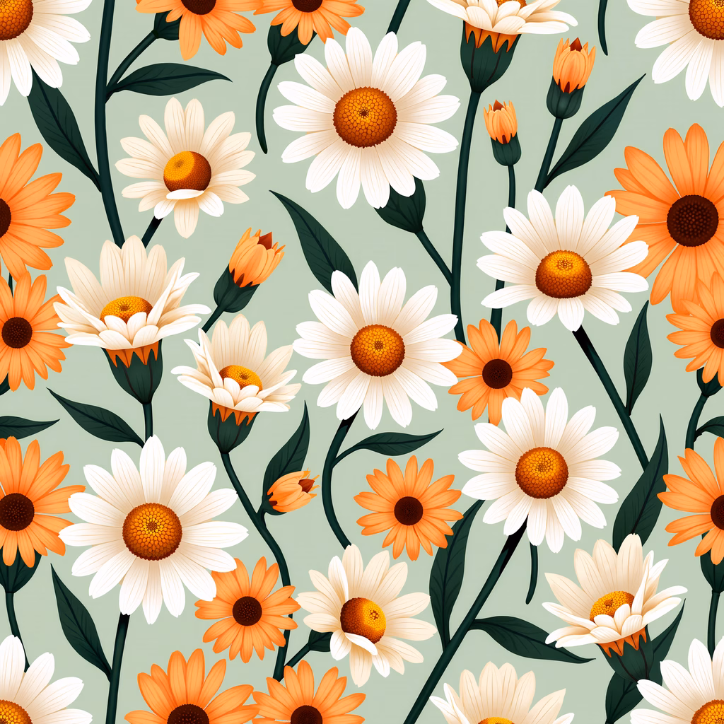 Vibrant floral pattern with white and orange daisies on a green background.