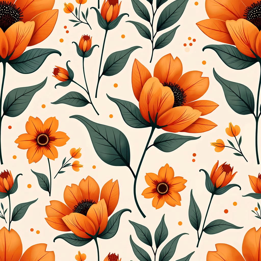 Vibrant floral illustration with orange sunflowers and green leaves on a beige background.