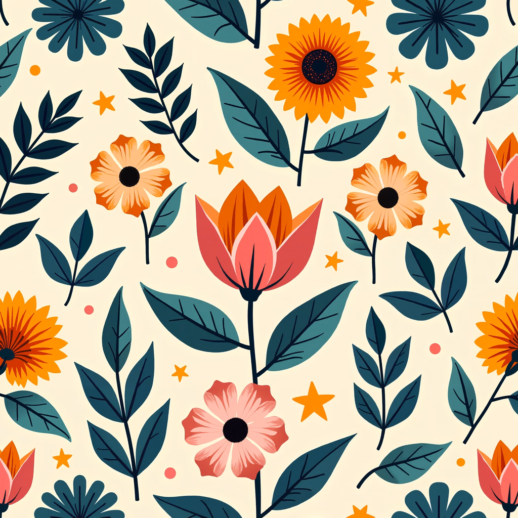 Vibrant floral pattern with cheerful colors and whimsical details.