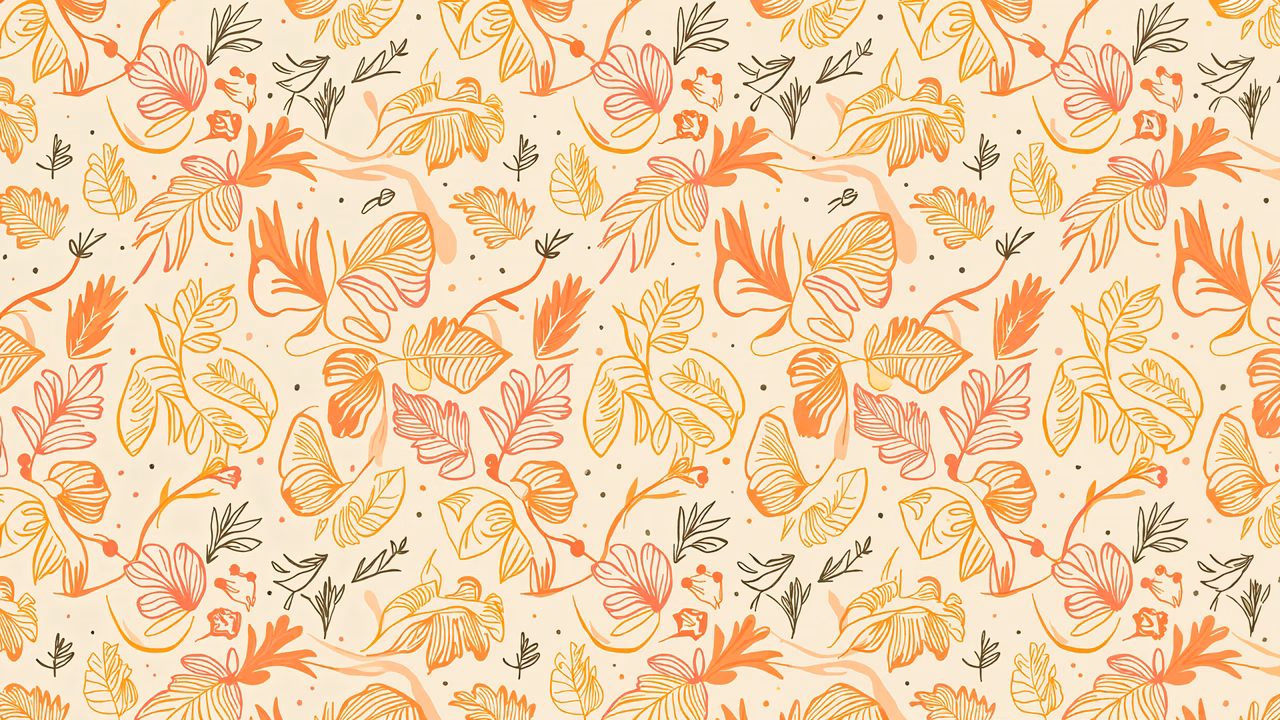 Vibrant floral pattern with delicate leaves and flowers in shades of orange and cream.