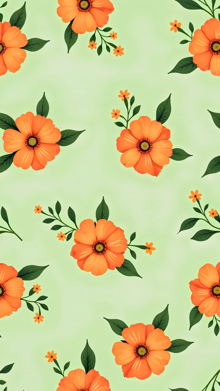 Bright orange floral pattern on a pastel green background, perfect for wallpaper designs.