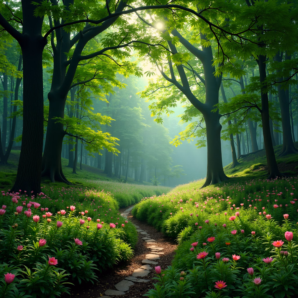 A peaceful forest path surrounded by blooming flowers and dappled sunlight.