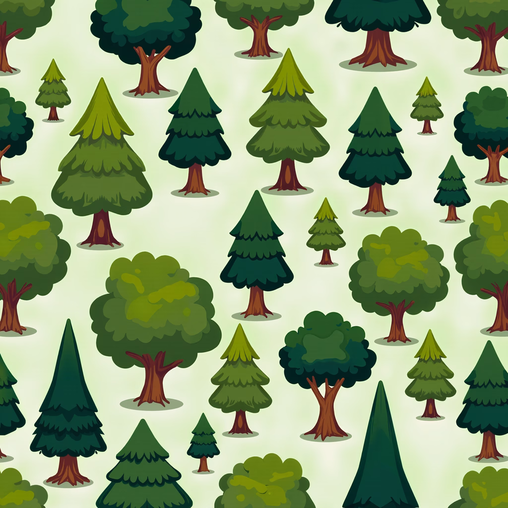 Repeating pattern of stylized trees in pastel greens, perfect for nature-themed designs.