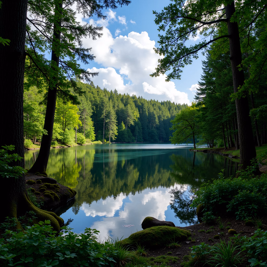 A peaceful forest scene reflected in a serene lake, showcasing vibrant greens and deep blues.