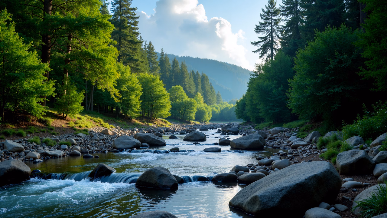 A picturesque forest river scene with lush greenery and gentle flowing water under a clear blue sky.