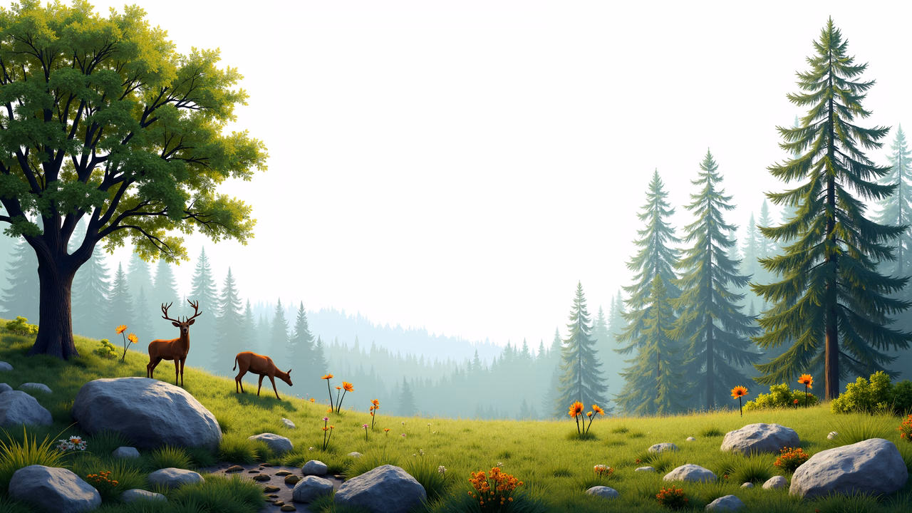 A peaceful forest scene with deer grazing amidst tall pines and soft pastel hues.