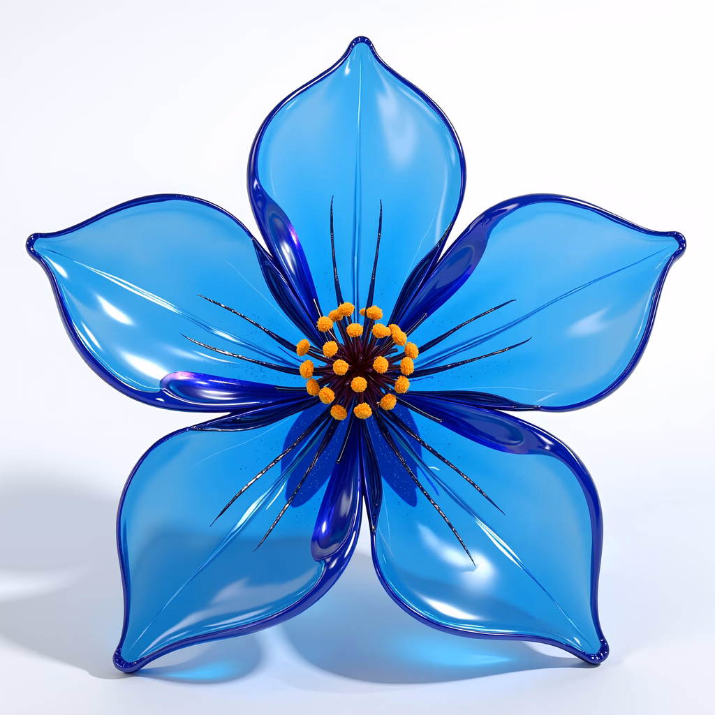 A glossy glass flower with teal and blue petals and orange stamens on a white background.