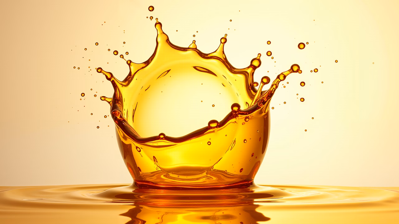 Golden liquid splashing upward, creating a crown-like shape against a soft beige background.