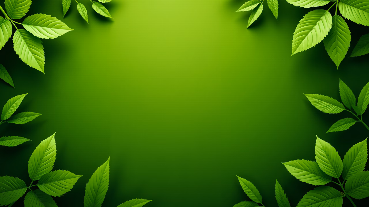 Vibrant green leaf border illustration with detailed veins and gradient background.