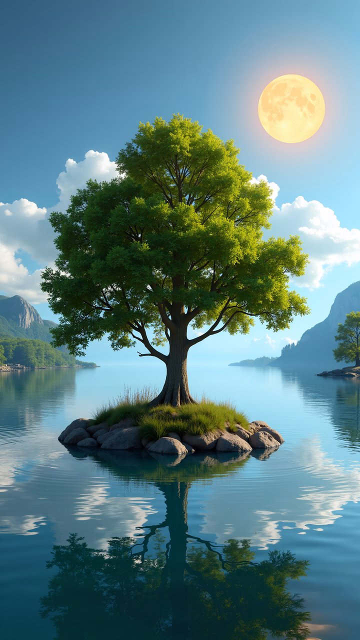 A tranquil island scene with a reflective tree and a full moon.