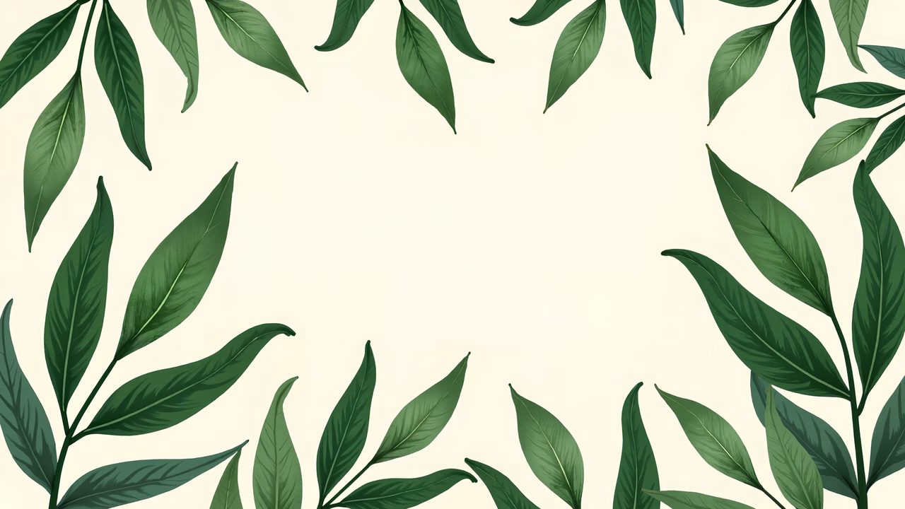 Symmetrical leaf border design with vibrant green tones on a neutral beige background.