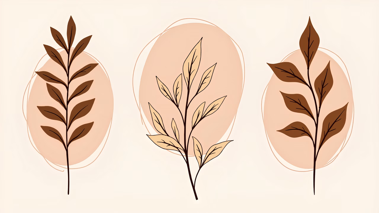 Elegant leaf illustrations in warm earth tones, evoking a sense of calm and natural beauty.