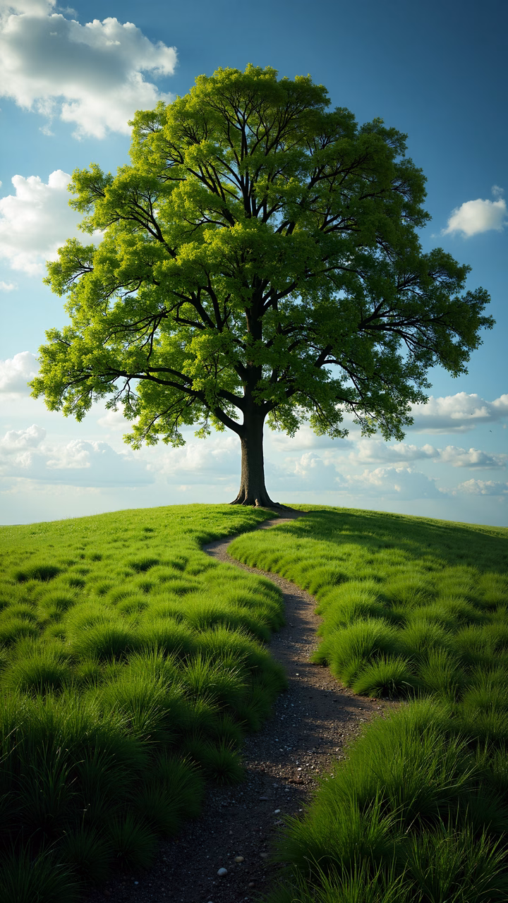 A serene landscape featuring a lone tree and a winding path under a clear sky.