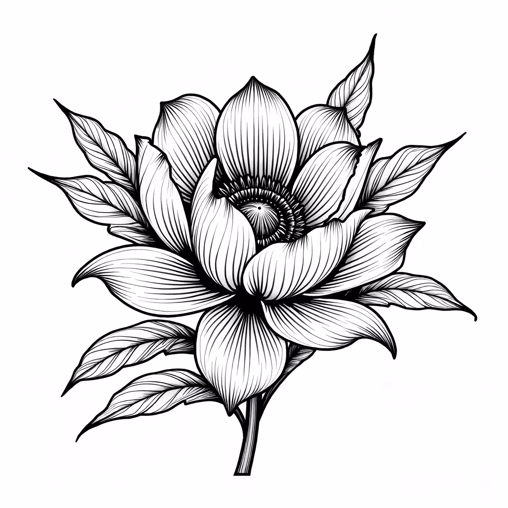 Detailed black-and-white illustration of a blooming lotus flower, symbolizing enlightenment and purity.