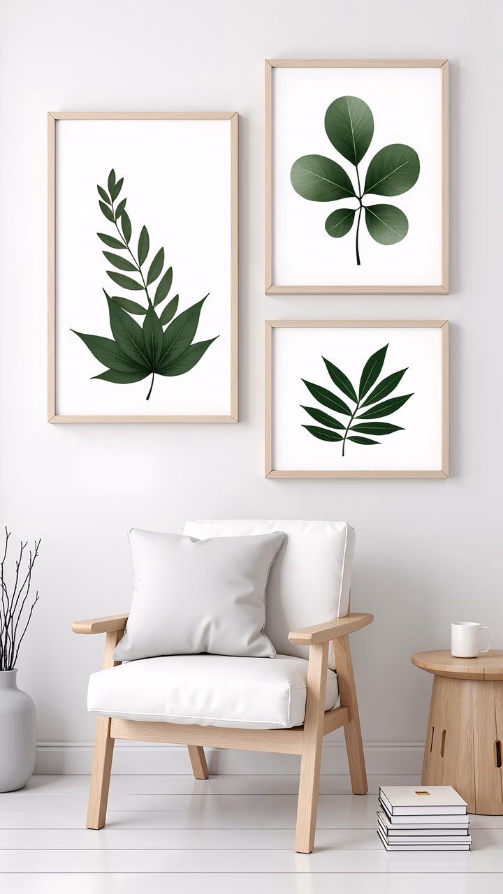 Modern minimalist leaf prints in a serene living space.
