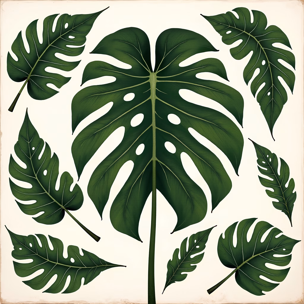 Detailed botanical illustration of Monstera leaves in rich green tones.