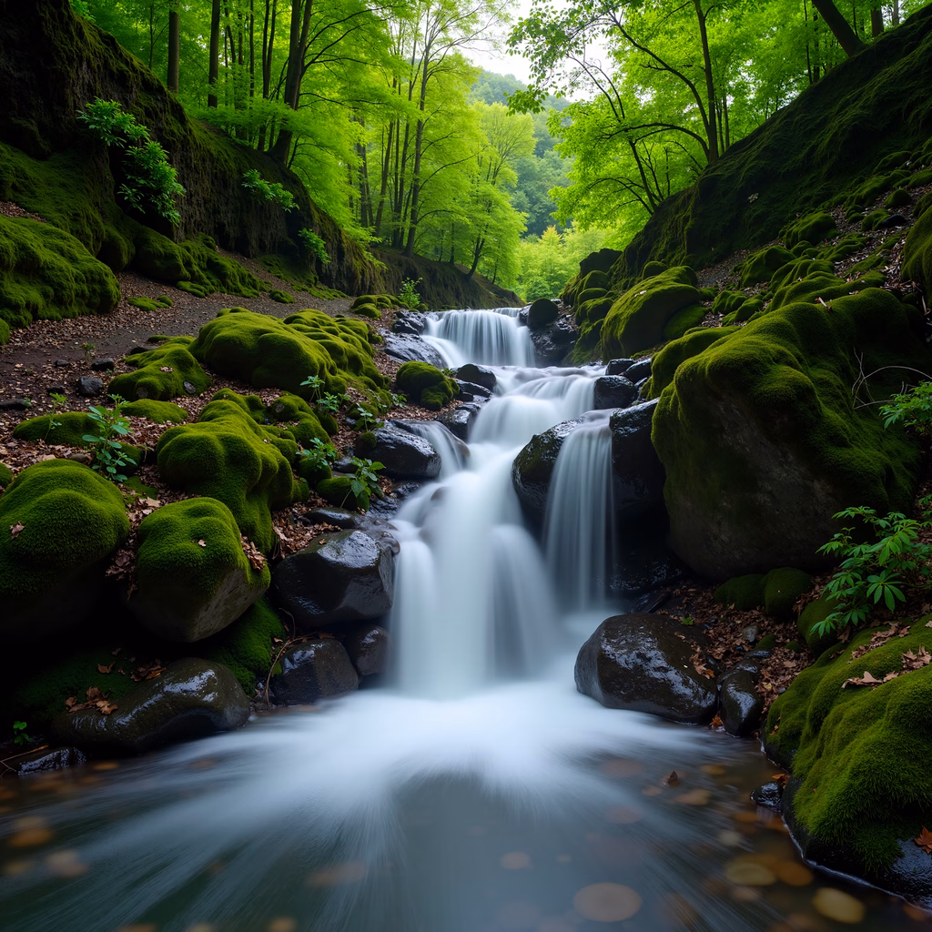 A peaceful forest stream with mossy rocks and vibrant greenery.