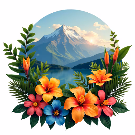 Mountain Landscape with Tropical Flowers