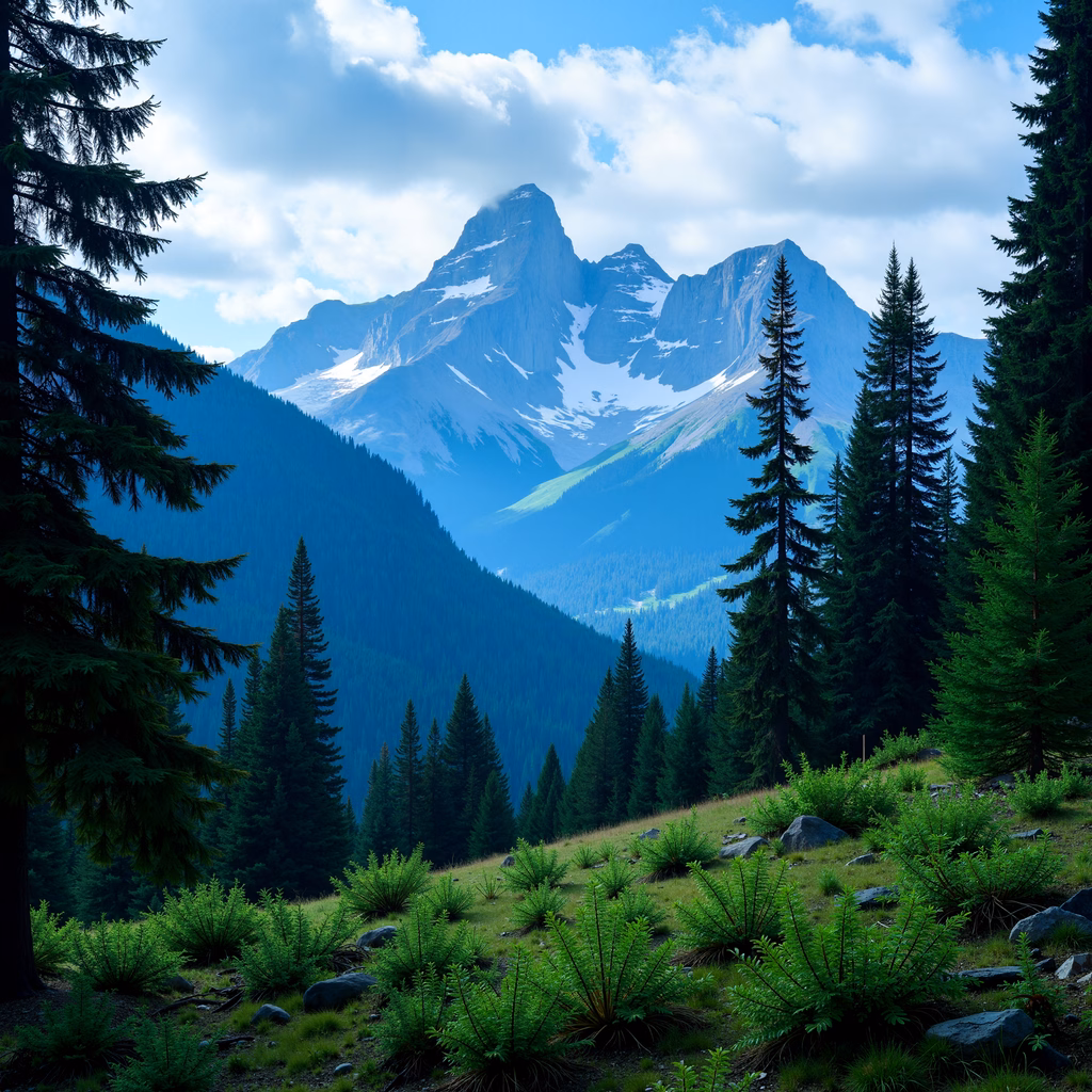 Epic mountain landscape with snow-capped peaks and verdant pine trees.