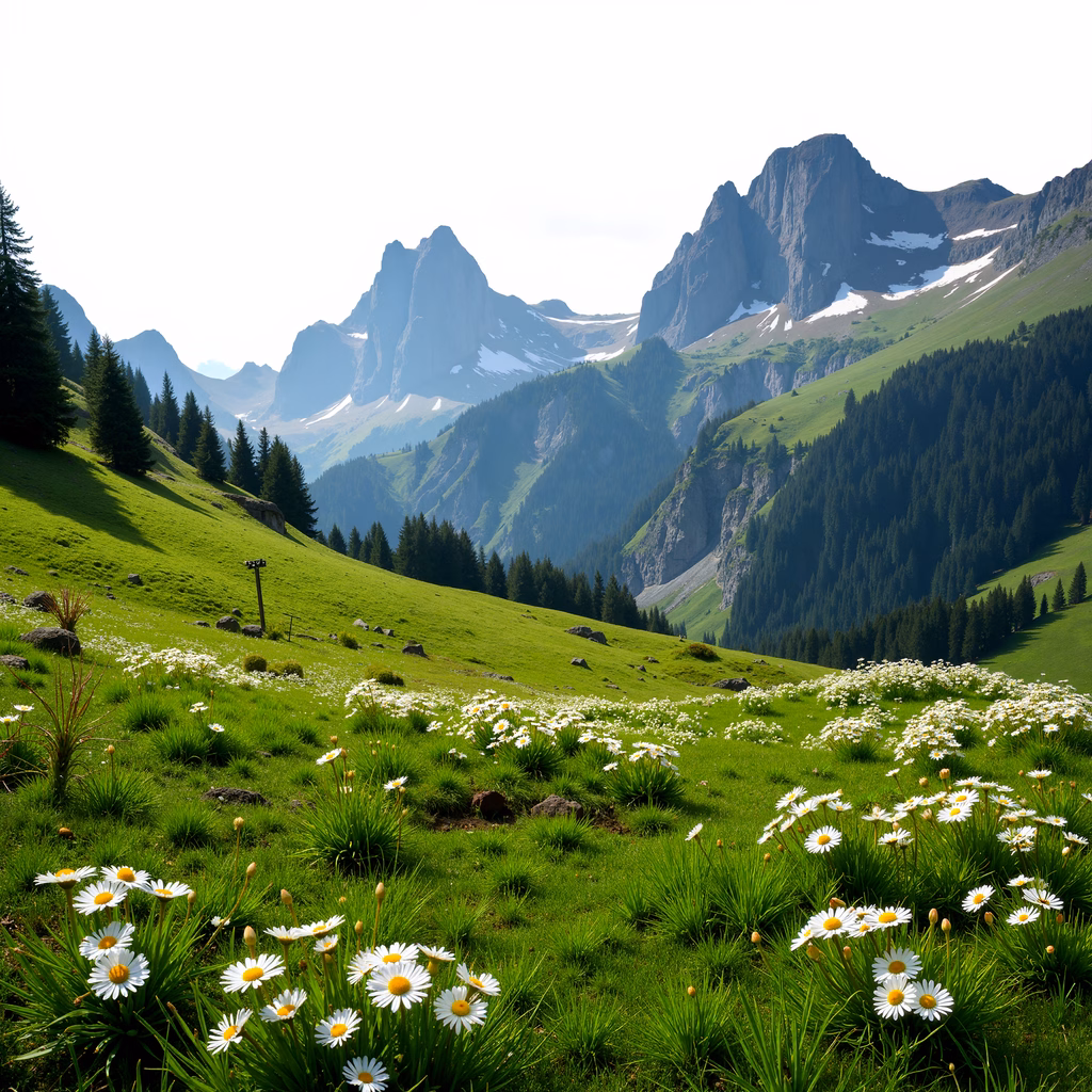 A picturesque mountain meadow with blooming daisies and towering peaks.