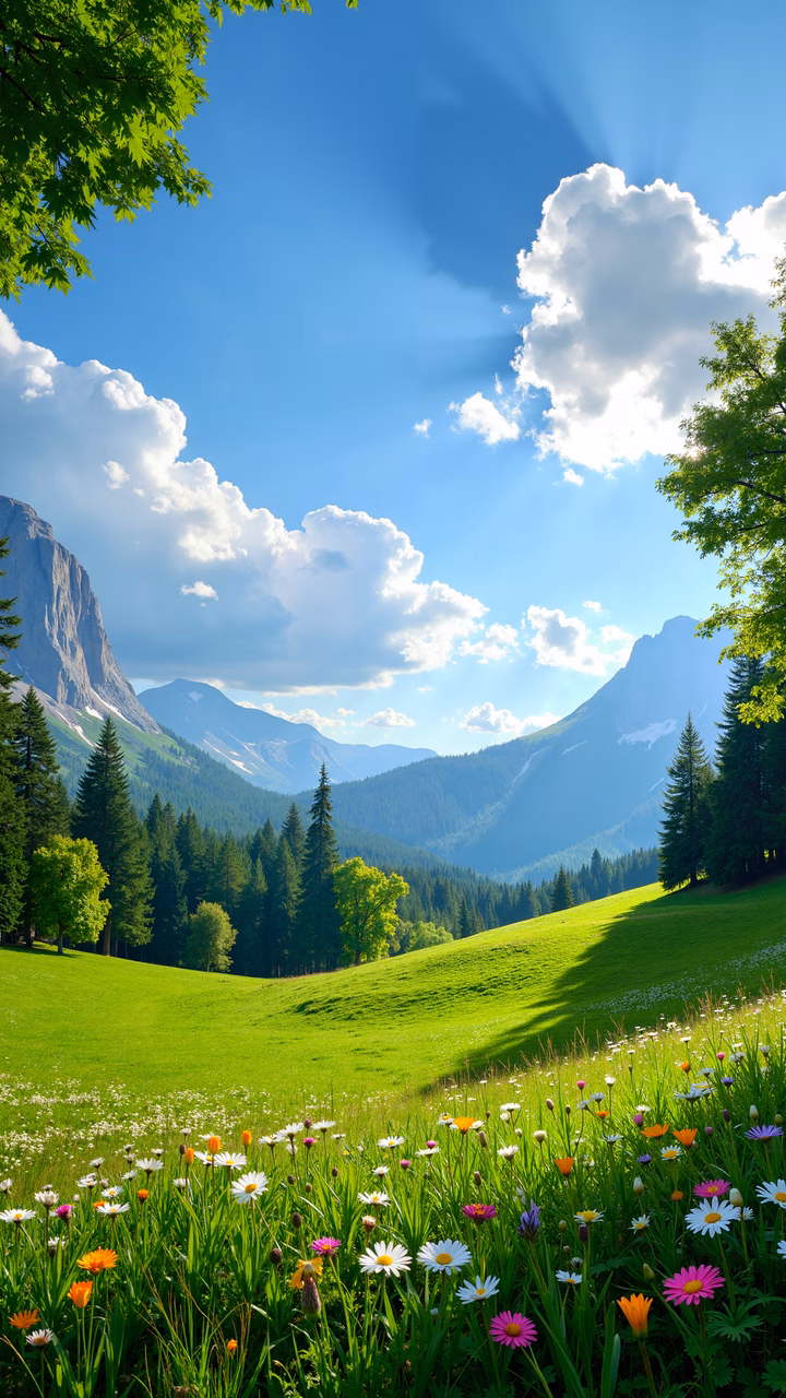 A tranquil mountain meadow with wildflowers and towering trees under a bright blue sky.