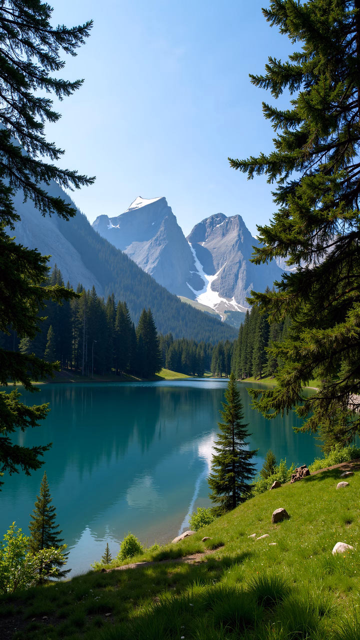 A breathtaking view of a mountain lake with crystal-clear waters reflecting the majestic peaks and surrounding greenery.