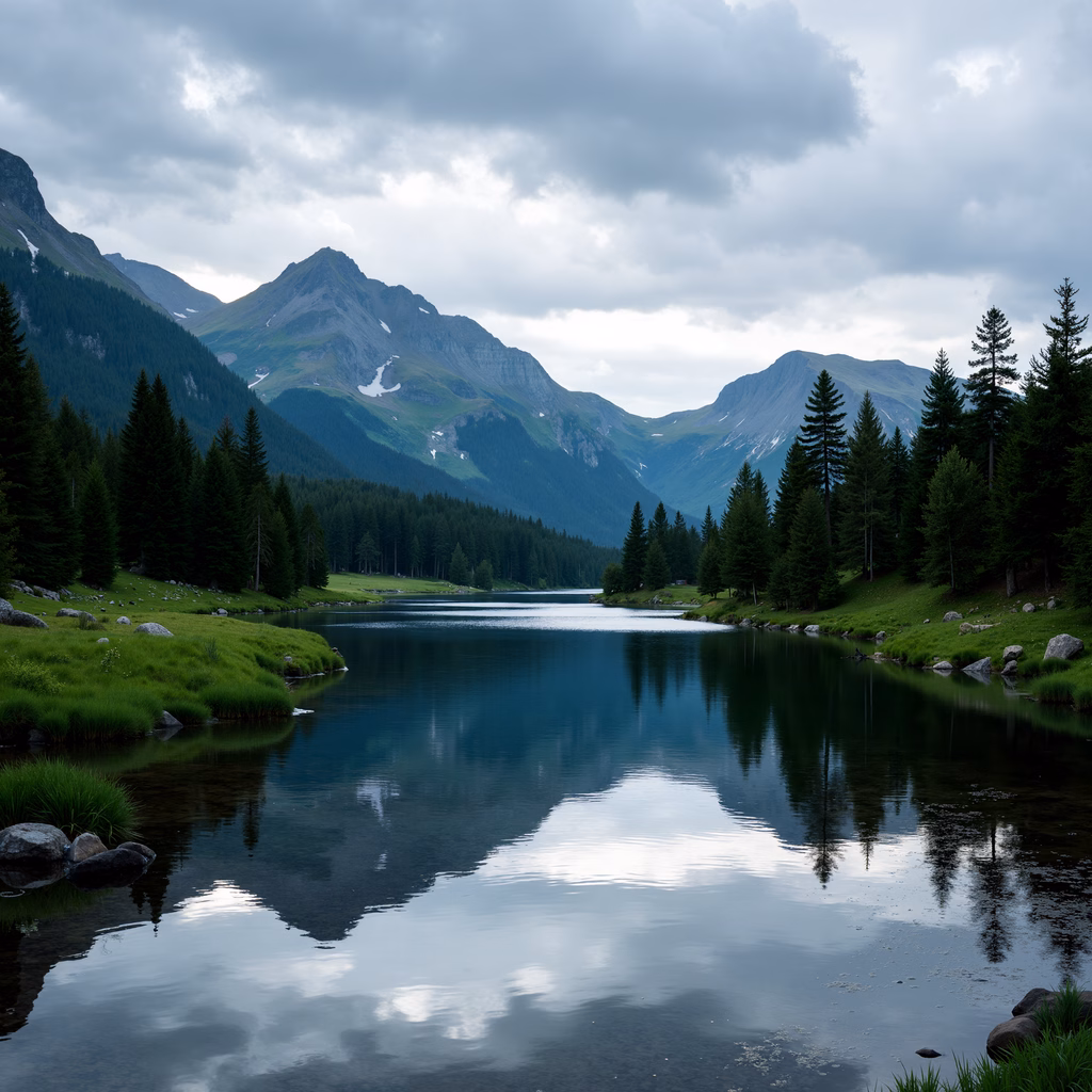 A peaceful mountain lake reflecting the cloudy sky and surrounding peaks.
