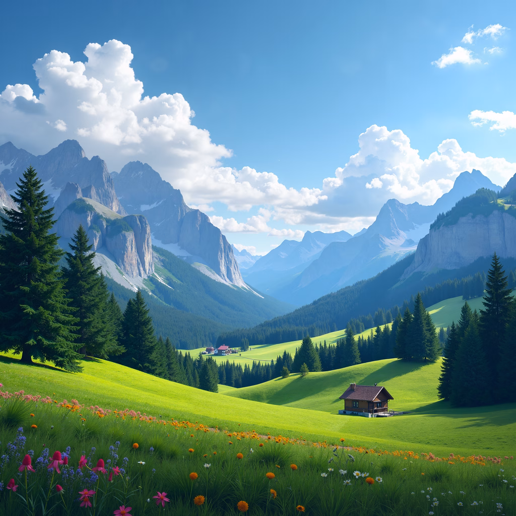 A tranquil mountain retreat surrounded by vibrant greenery and towering peaks under a clear blue sky.